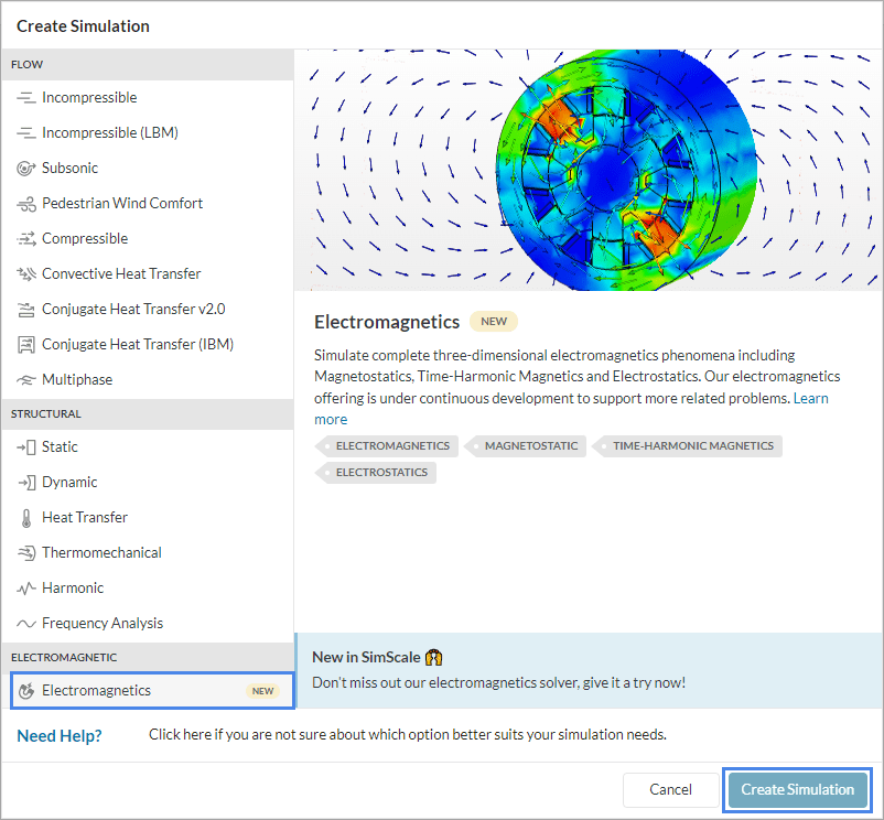 Analysis type window in SimScale showing Electromagnetics as the selected solver