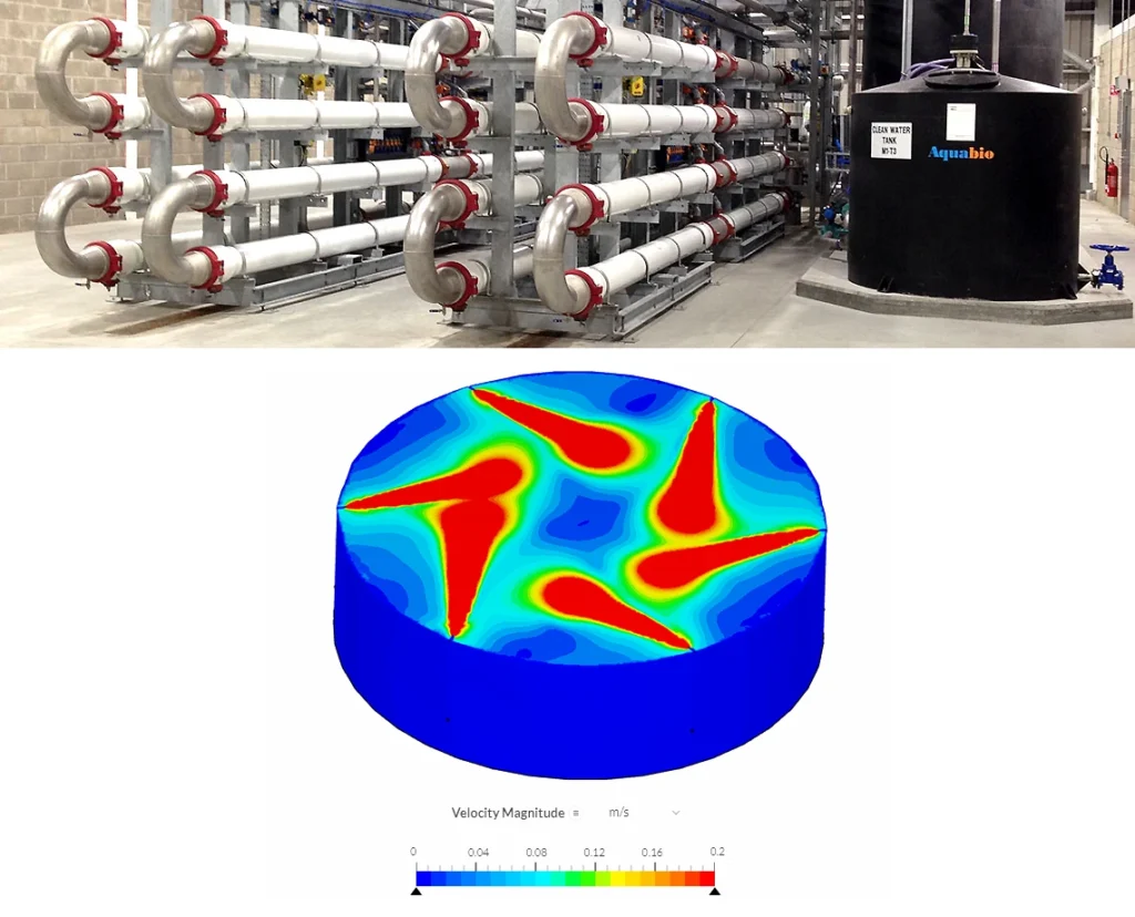 An image of Aquabio's water treatment equipment and a simulation image of one of the industrial equipment designs in SimScale