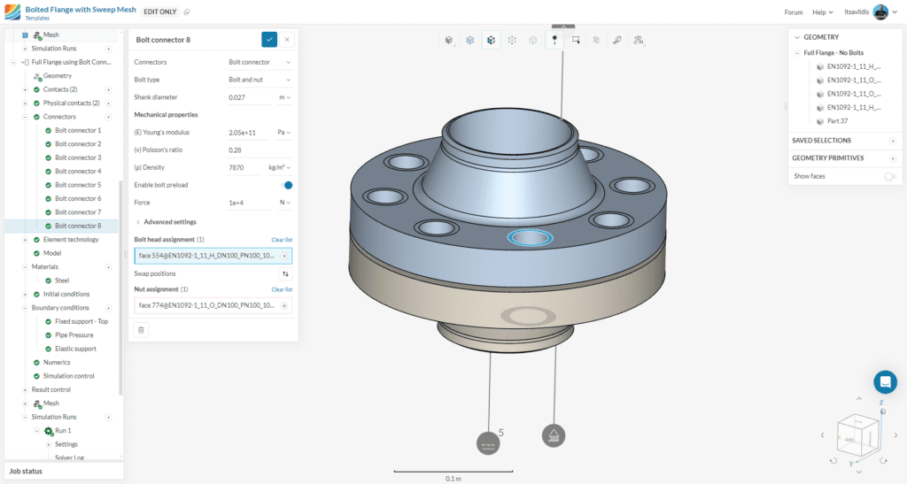 Flange with Bolt Connector feature in SimScale