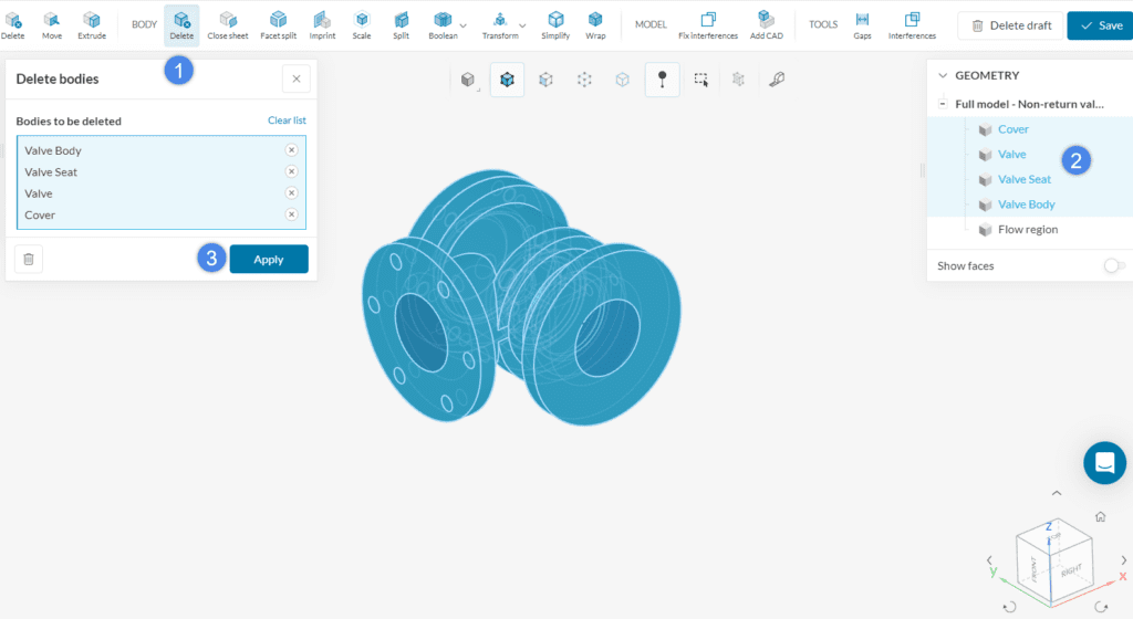 delete body operation cad mode simscale valve