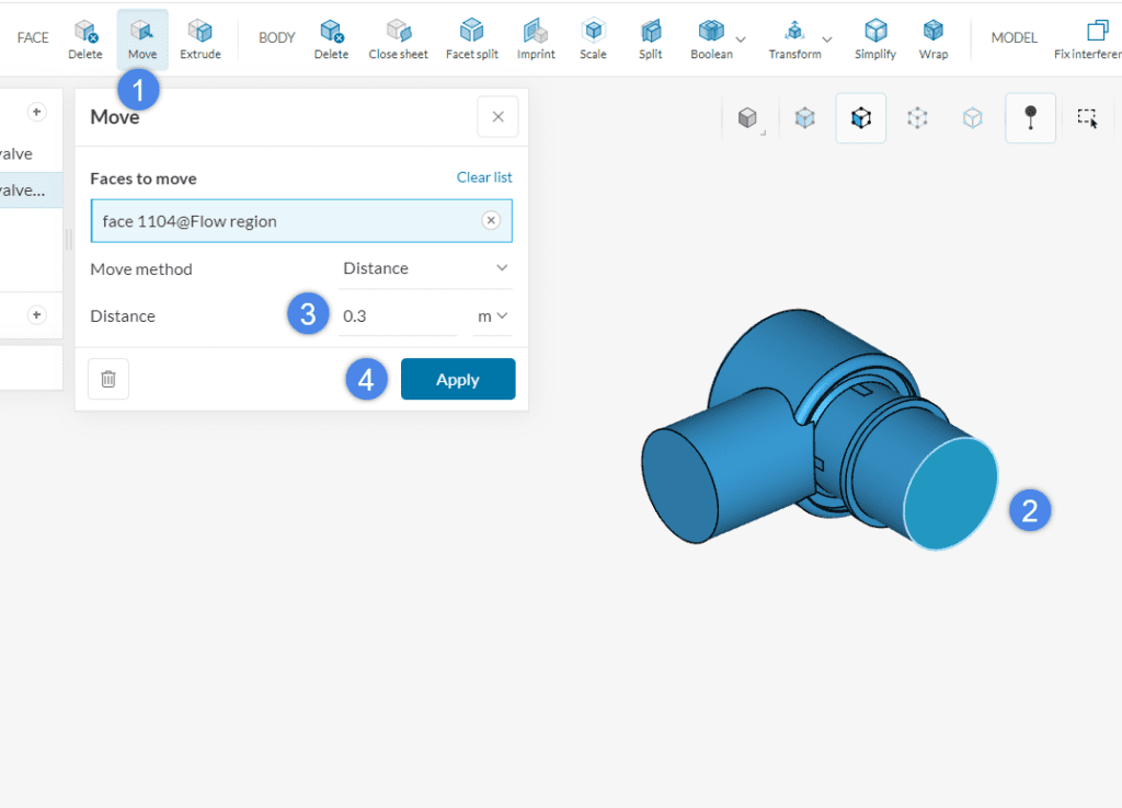 move face operation cad mode simscale valve