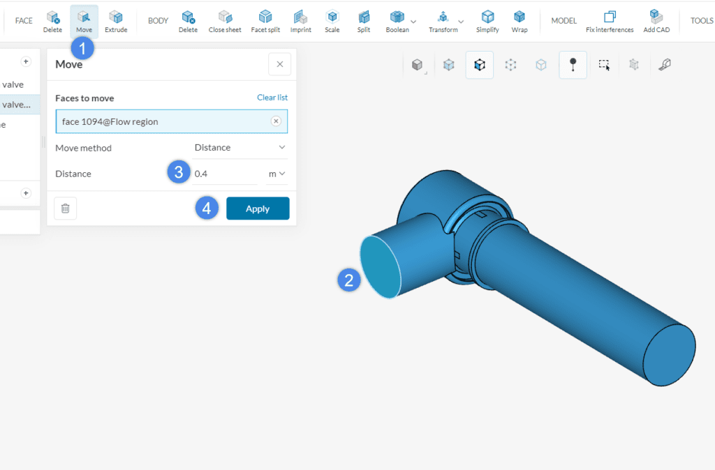 extend face cad mode simscale valve
