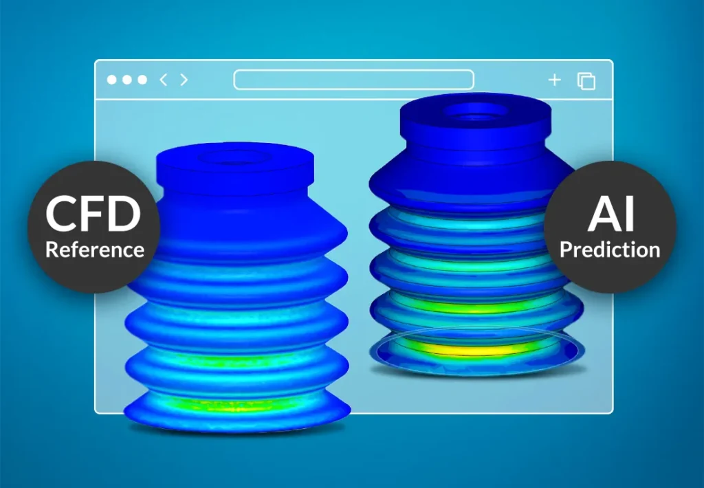 An image of AI-powered computational design showing a CFD analysis and an AI prediction next to one another for comparison's sake