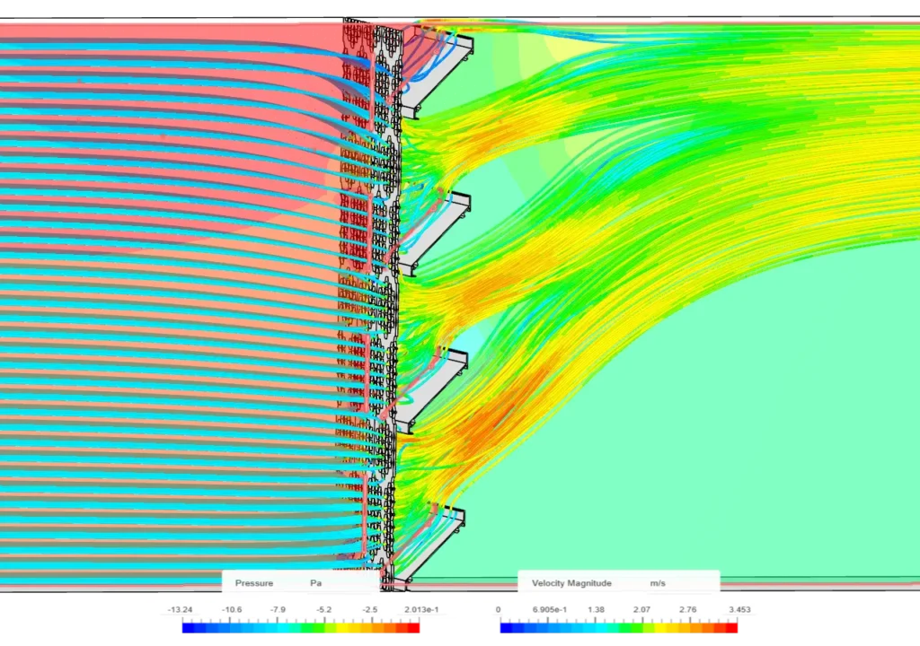 SimScale simulation showing airflow and pressure drop through the perforated sheet and over the hidden louver fins