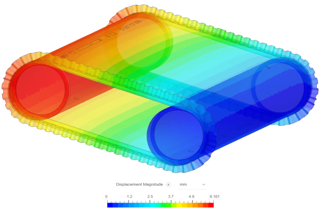 Displacement magnitude shown on the simulated conveyor belt in SimScale