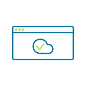 Drawing of a simplified browser with a cloud and green check mark in it implying going cloud-native