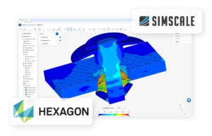 Simulation image in a browser with SImScale and Hexagon's logos showing the new product partnership