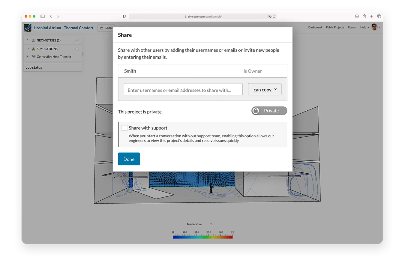 The "Share" window in SimScale showing how to share a project with other users