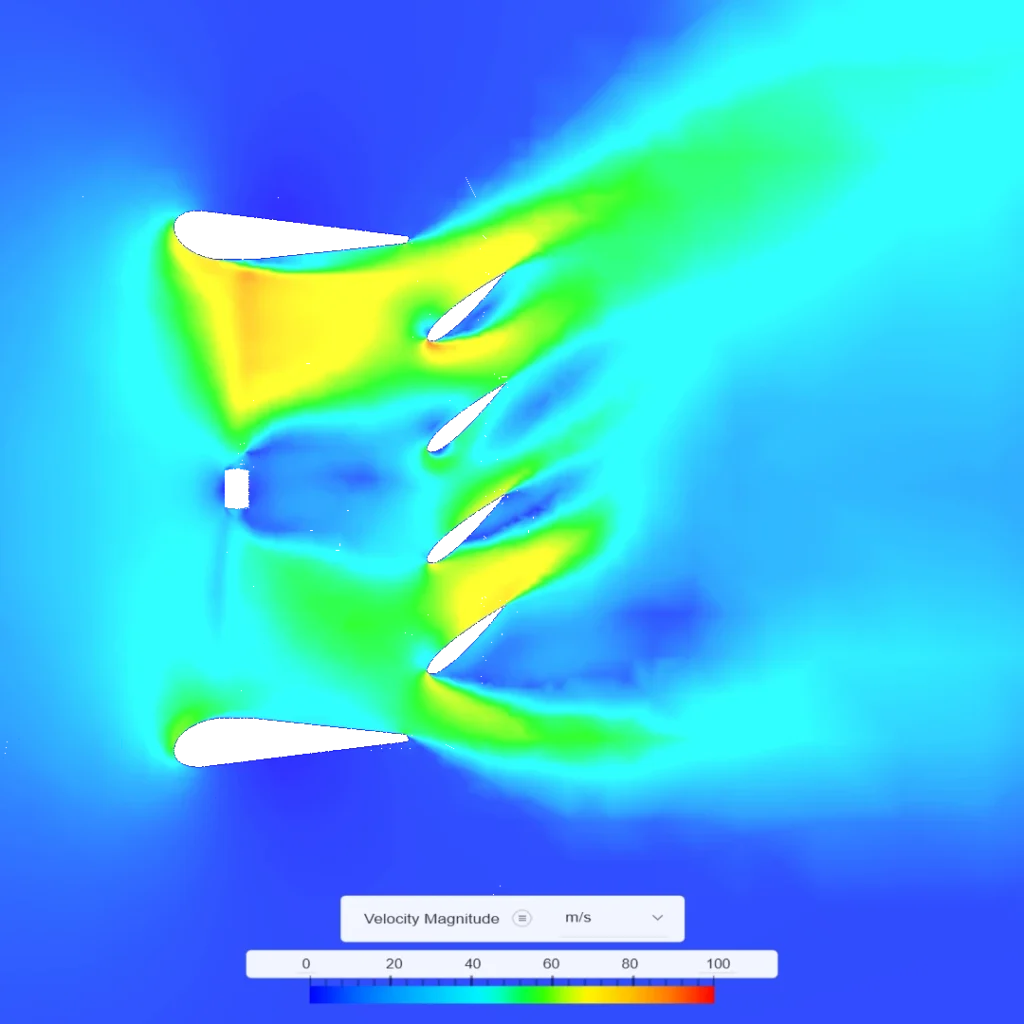 A close-up CFD flow analysis of a Griffon Hoverwork Craft propeller design showing velocity magnitude in m/s. The four aluminum rudders have an aerodynamic profile and are used to navigate the craft. Calculating pressure and loading on these rudders is a critical exercise.
