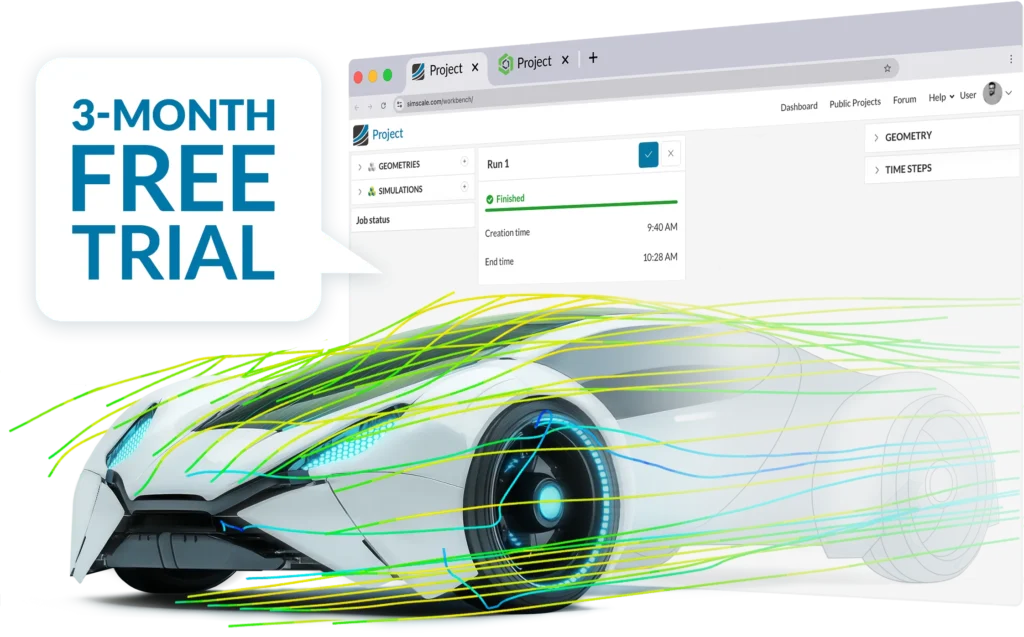 A futuristic car with CFD simulation lines around it as it comes out of a SimScale workbench showing SimScale's automotive simulation capabilities with a second browser tab showing Onshape
