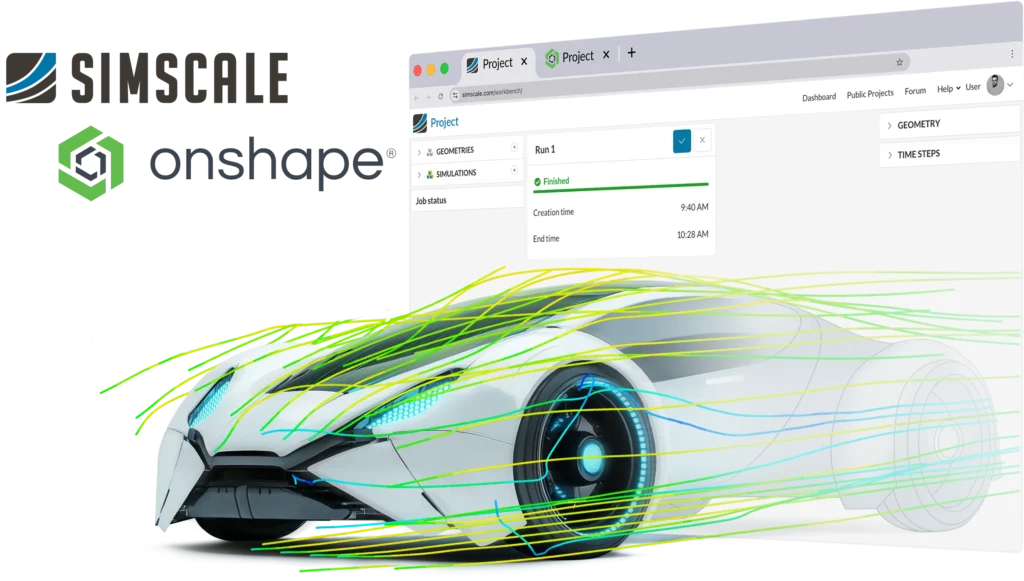 A futuristic car with CFD simulation lines around it as it comes out of a SimScale workbench showing SimScale's automotive simulation capabilities with a second browser tab showing Onshape