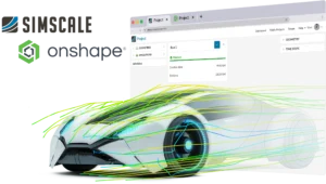 A futuristic car with CFD simulation lines around it as it comes out of a SimScale workbench showing SimScale's automotive simulation capabilities with a second browser tab showing Onshape