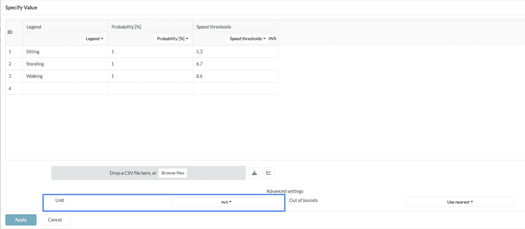 A screenshot the SimScale UI for table editing and setting the units of speed.