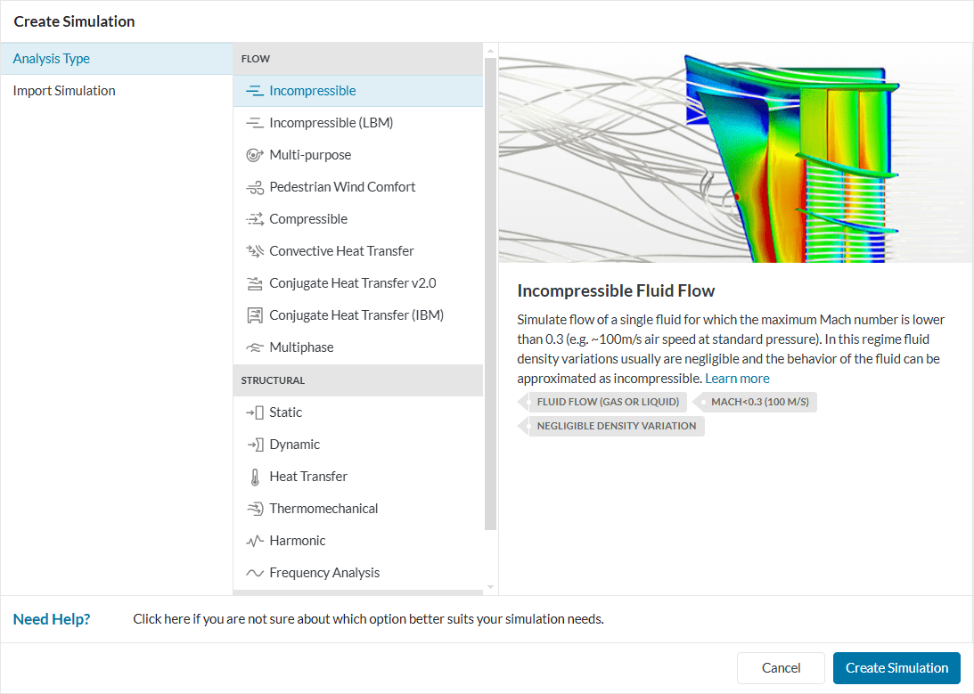 simulation analysis types possible within simscale