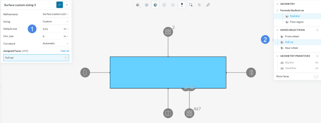 refining the surface of the full car with a Surface Custom Sizing mesh refinement