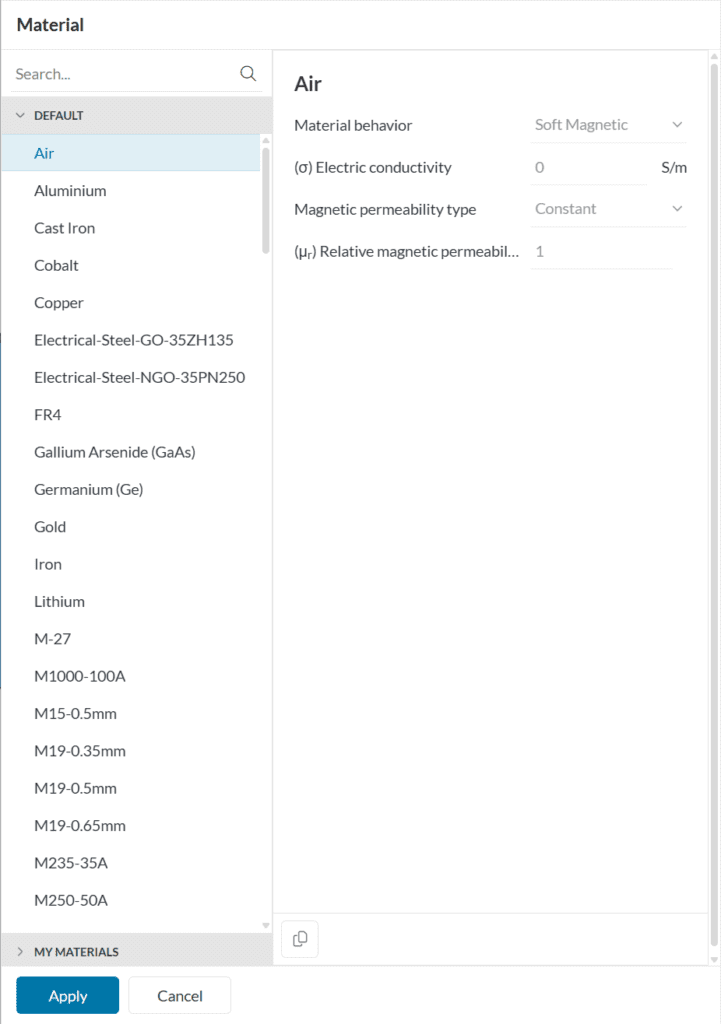 emag material default list in simscale