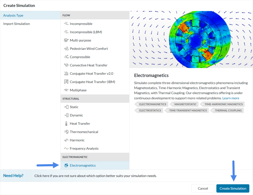 creating an electromagnetics analysis