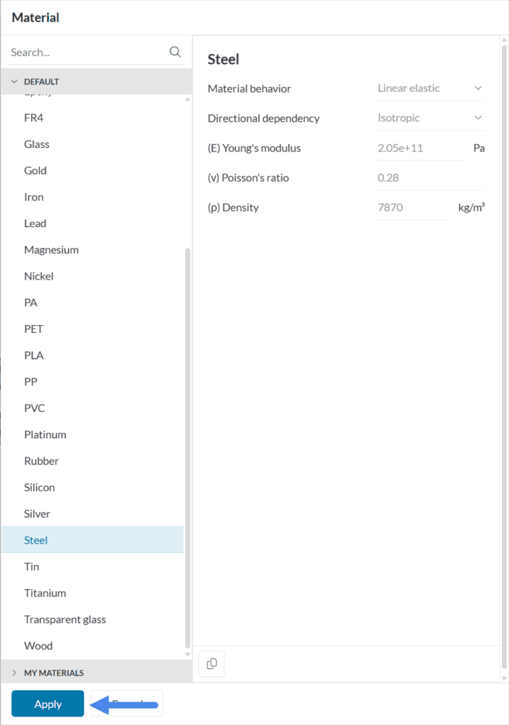 steel material definition window