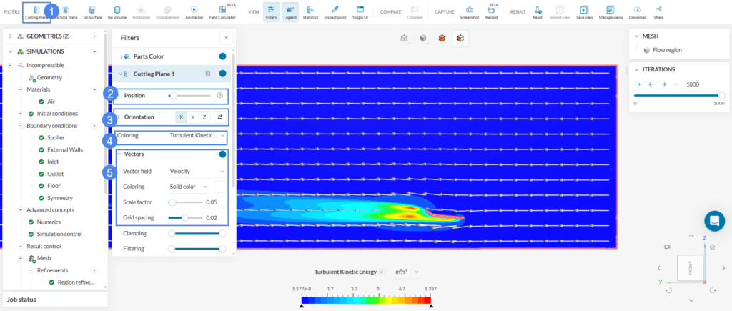 turbulence kinetic energy field and velocity vectors around a spoiler on a cutting plane