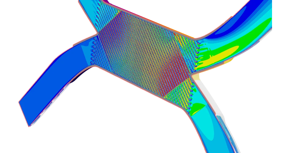 Cut section view of velocity fields in the flow regions of the heat exchanger in SimScale