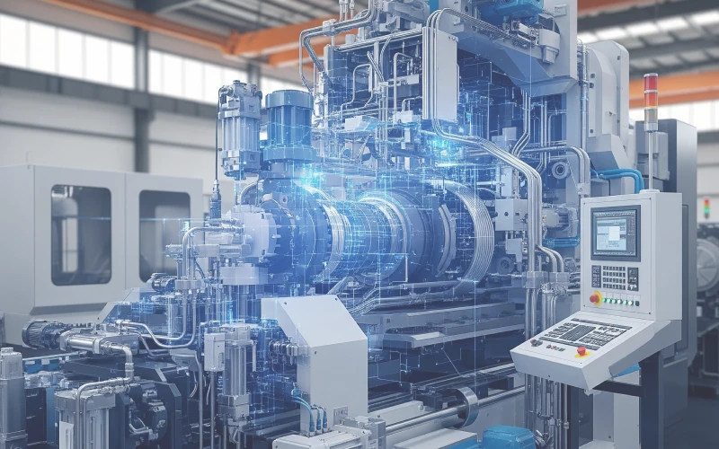 An industrial machine with it's digital counterpart overlaid on it representing digital twins