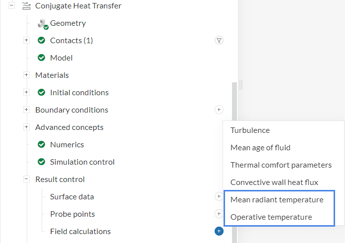 A screenshot of the SimScale workbench showing the selection of radiation and enabling of the mean radiant temperature