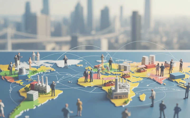 a world map with people and building trading across borders