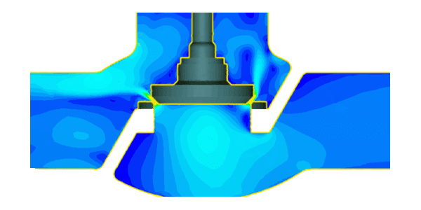 Cross cut of a valve with mapped internal pressures to help reduce pressure drop