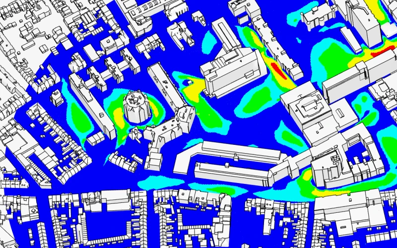 Simulated wind comfort map (NEN8100) of Koningswei proposed site during early design phase using SimScale