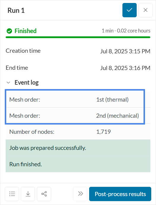 Event log showing mesh order