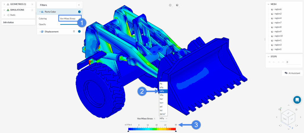 von mises stress wheel loader arm adjust legend limits