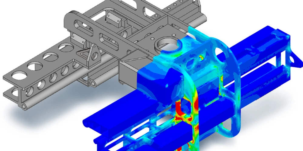 cad model of a manufactured part with half of it being simulated