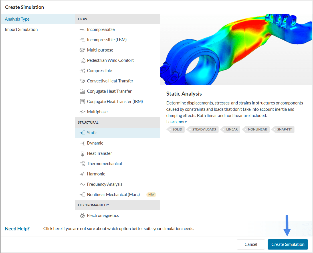 simscale simulation library showing selection for static simulation