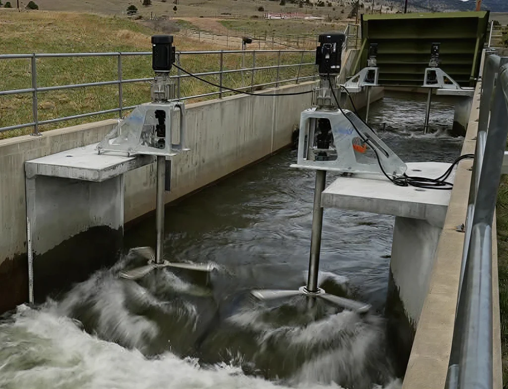 Installed twin vertical axis turbine in an irrigation canal.