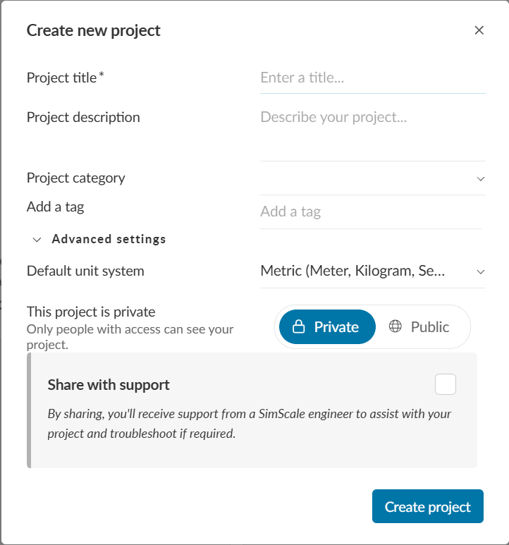 new project window in simscale