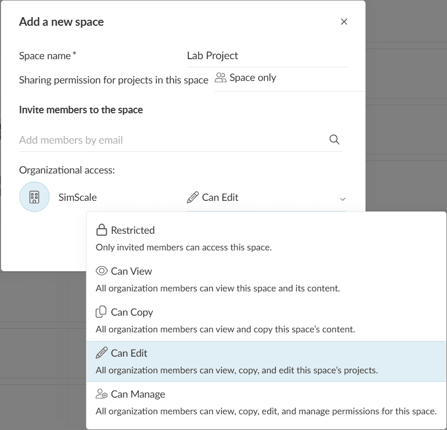 sharing a space with an entire organization in simscale
