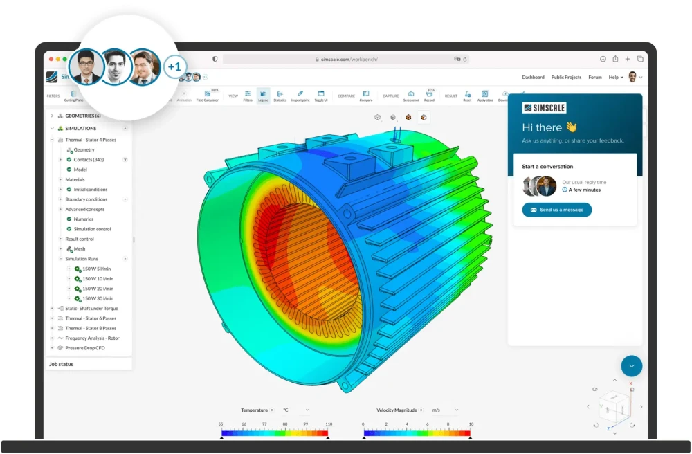 electronics motor cooling simulation running within SimScale on a laptop