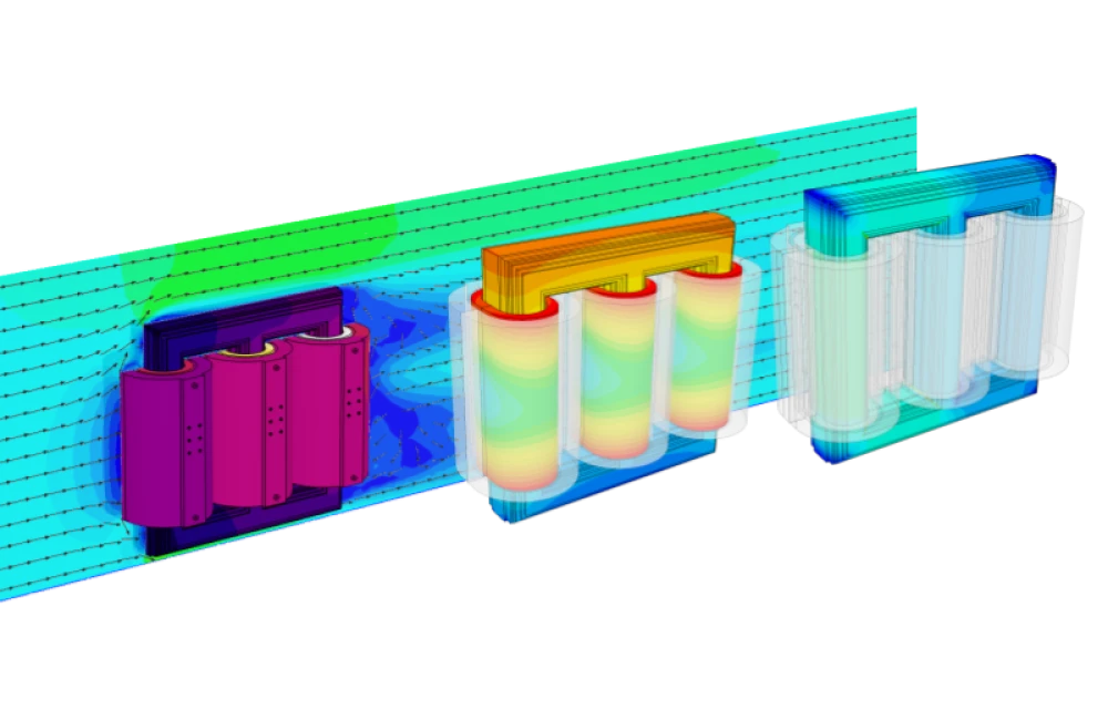 Various transformer simulations carried out by SimScale collated into a single view