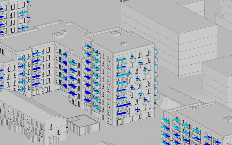 The same building, after all mitigations put in place (balcony screens added and problematic balconies relocated)