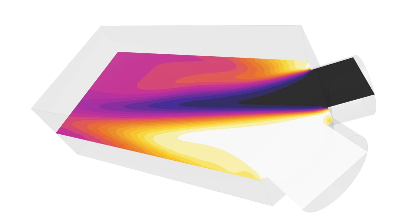 Cutting plane showing flow temperatures as the hot and cold air mix in a HVAC mixer