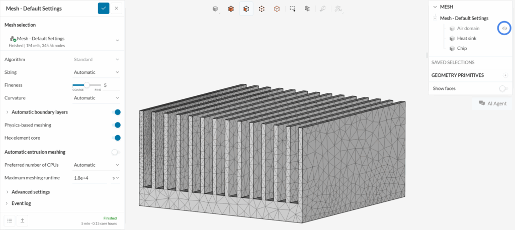 heat sink geometry with default standard settings