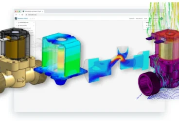 A solenoid valve simulation in the browser with multiple simulation type results shown (electronics, fluid, and thermal)