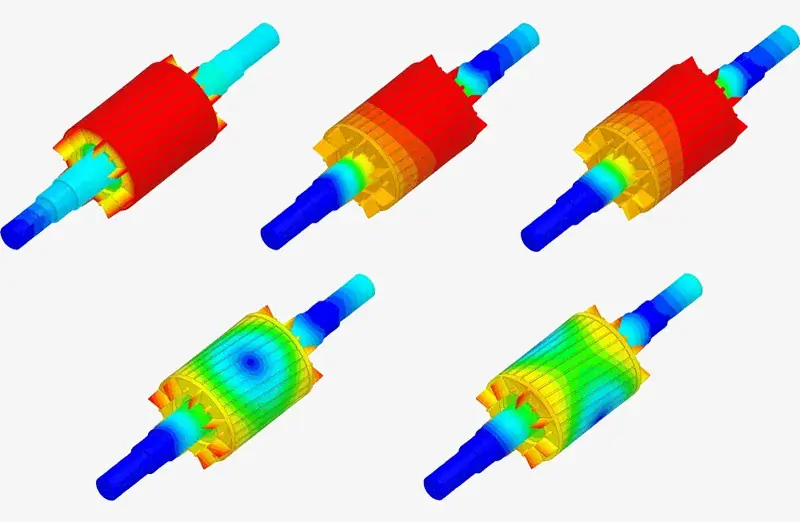 First five modes of an electric motor rotor computed using rotational modal analysis.