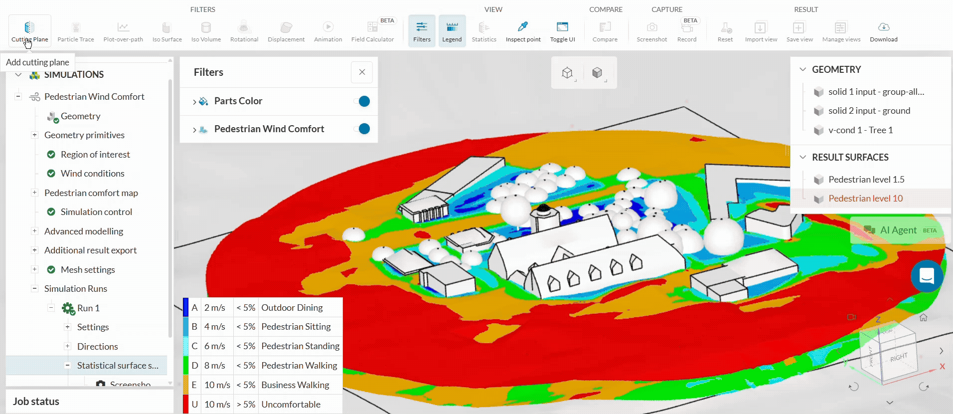 Using cutting planes to inspect a pedestrian wind comfort simulation with SimScale cloud simulation software