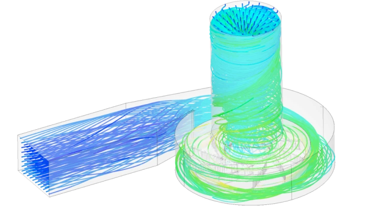 Velocity magnitude streamlines through the Centrifugal fan