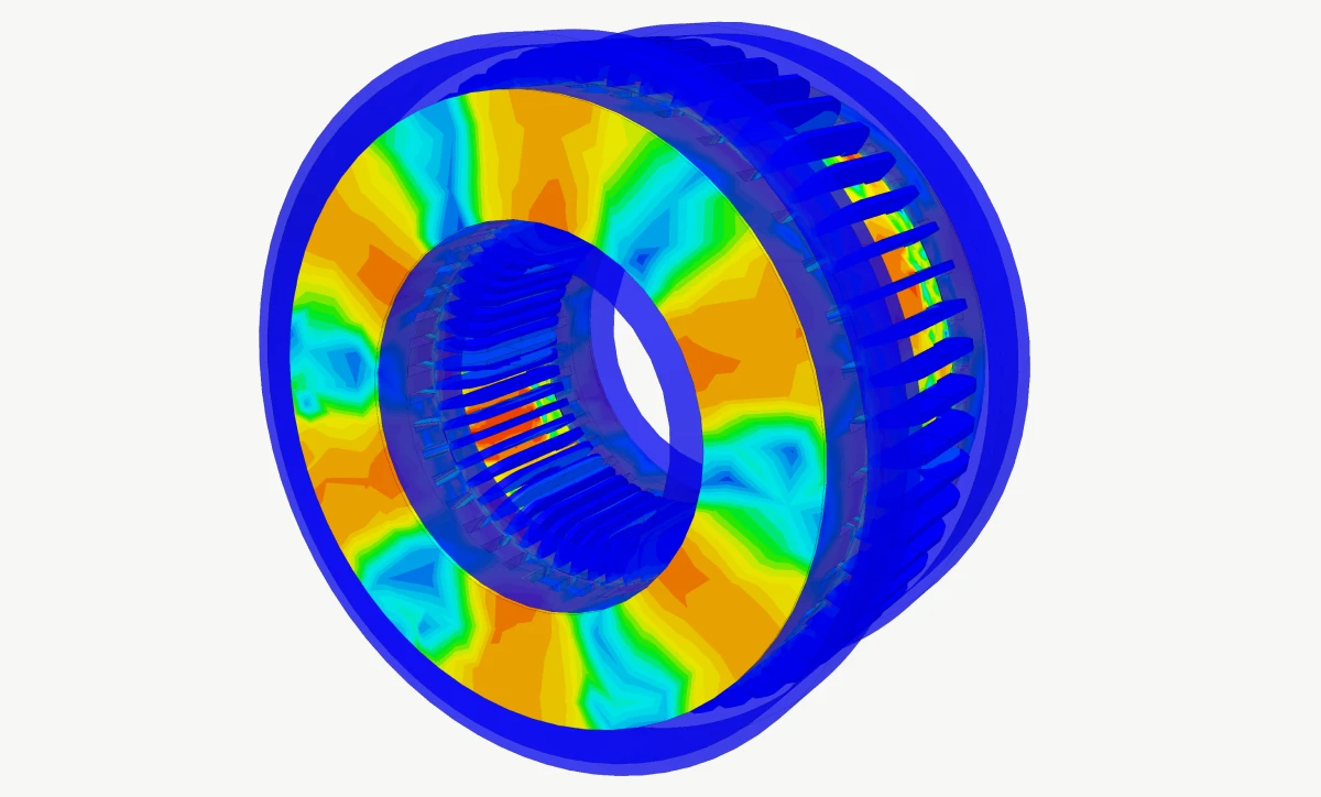 Visualizing core saturation in a prototype rotor design (rotor and stator surfaces colored by Magnetic Flux Density)
