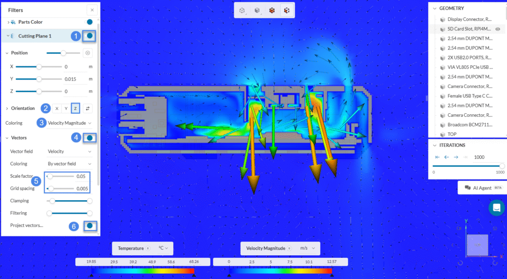 velocity magnitude field and vectors.