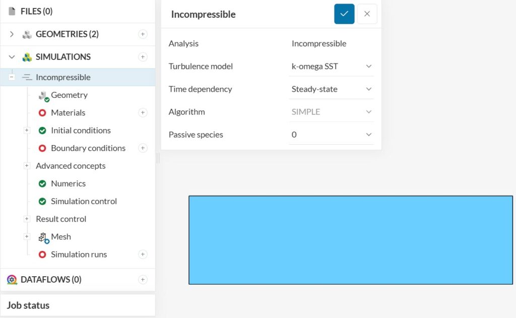Settings for incompressible simulation. Steady-State with K-Omega SST turbulence model
