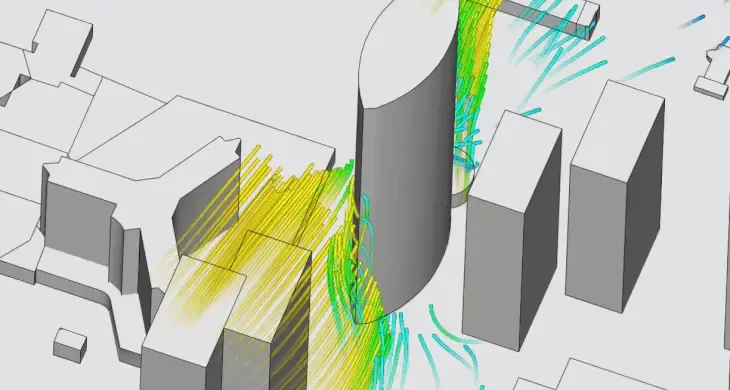 Wind effect mitigation — CFD simulation showing channeling and corner acceleration between buildings