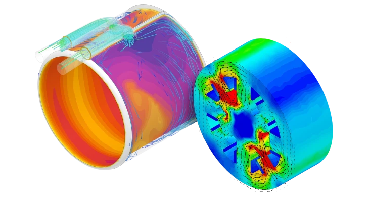 AC motor electromagnetic field simulation showing current density and magnetic flux distribution in stator and rotor